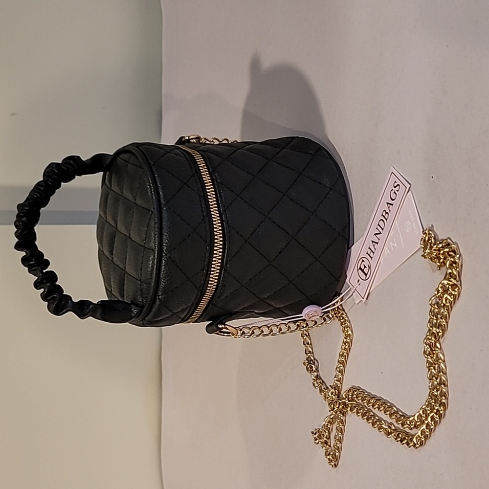 NWT E Handbag Black Quilted Vegan Bag - Long Gold Crossbody Chain  Small Handle